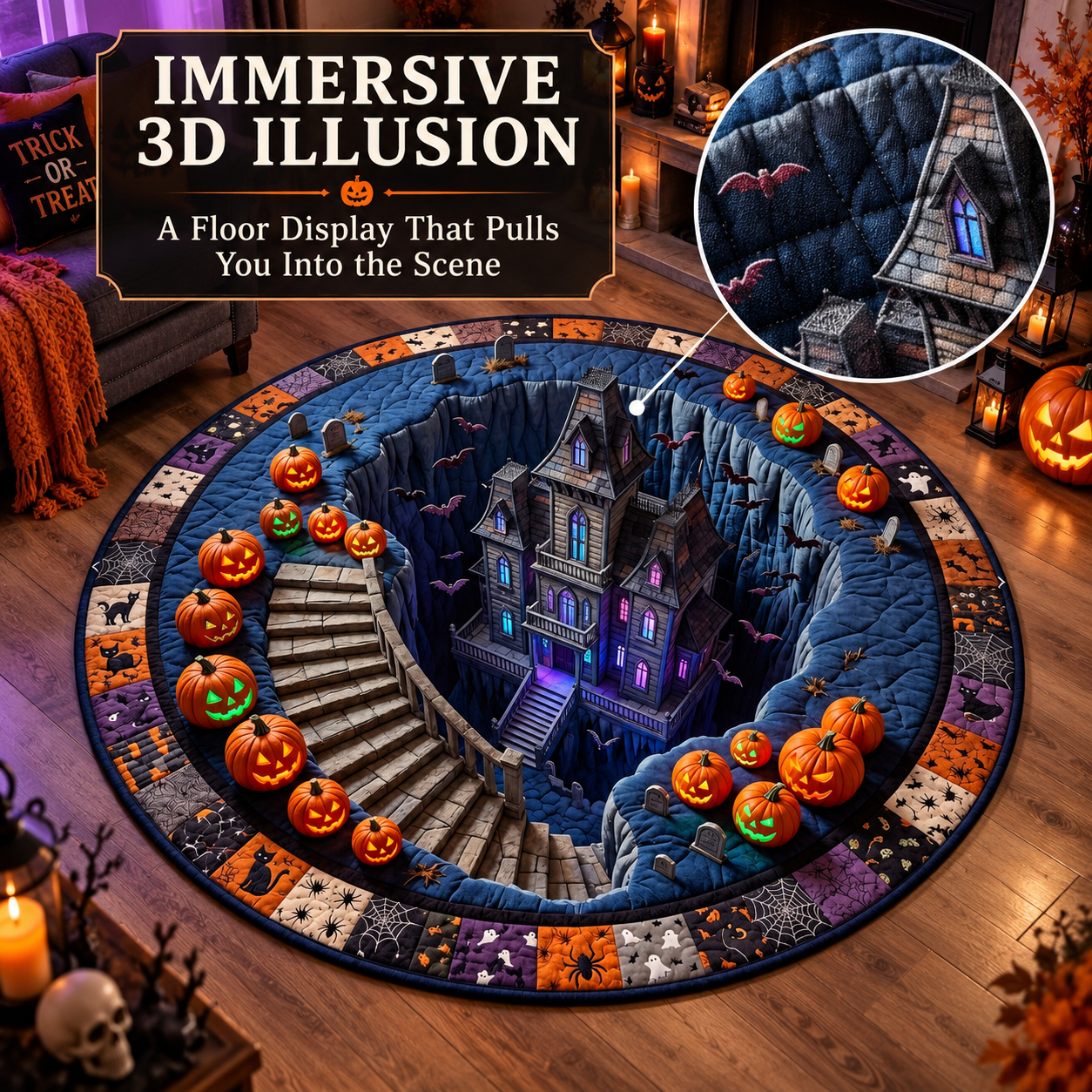 🔥Last Day - 60% OFF🔥3D Haunted Staircase Round Rug – Spooky Halloween Optical Illusion 👻