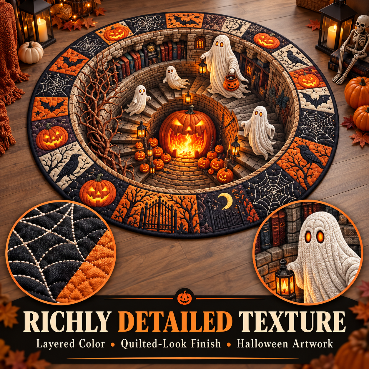 🔥Last Day - 60% OFF🔥3D Haunted Staircase Round Rug – Spooky Halloween Optical Illusion 👻