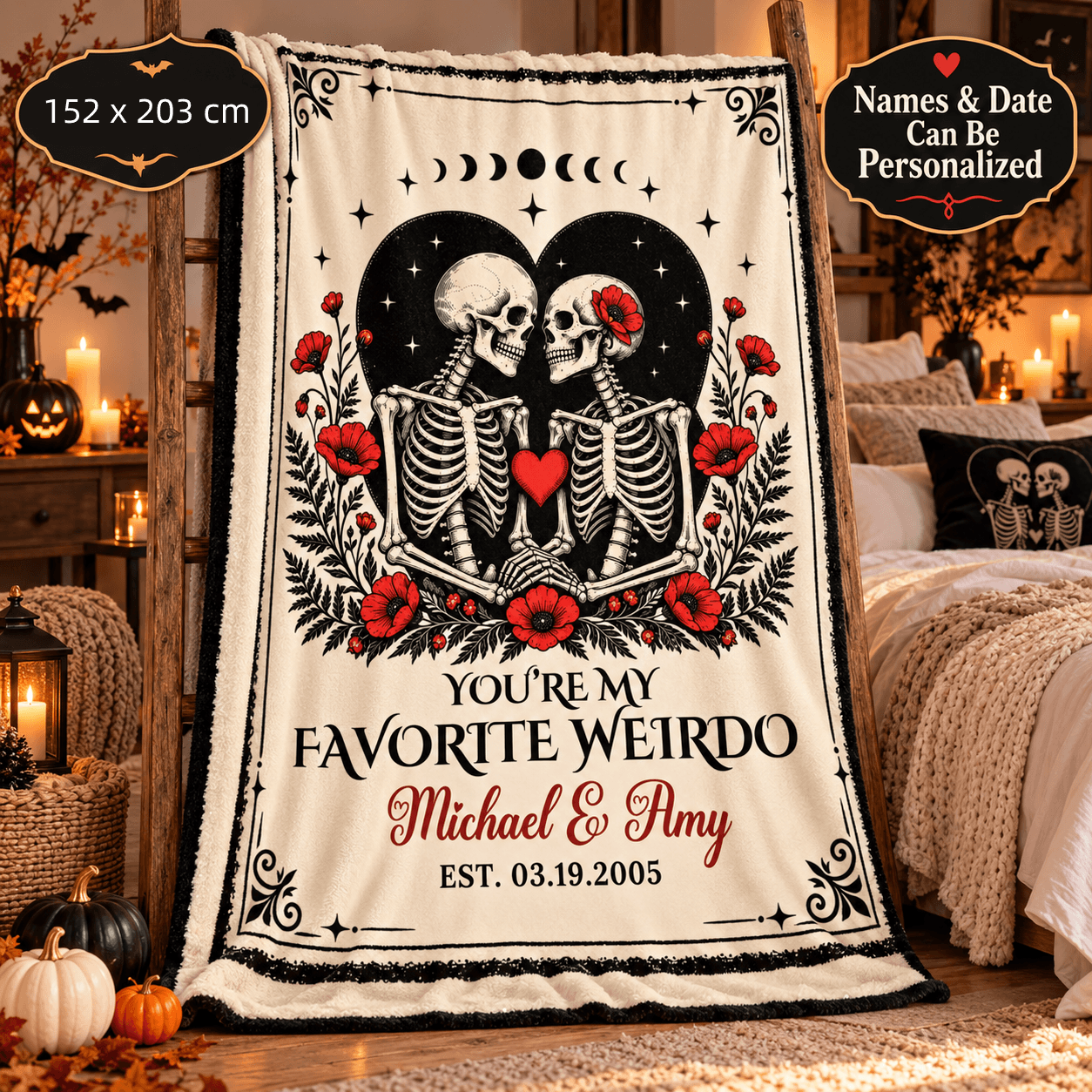 Personalized “You’re My Favorite Weirdo” Halloween Blanket Gift – Skeleton Couple Cozy Plush Fleece Blanket – 152 x 203 cm