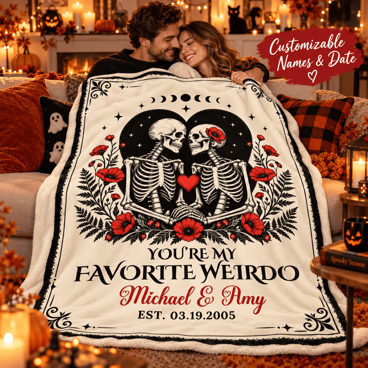 Personalized “You’re My Favorite Weirdo” Halloween Blanket Gift – Skeleton Couple Cozy Plush Fleece Blanket – 152 x 203 cm
