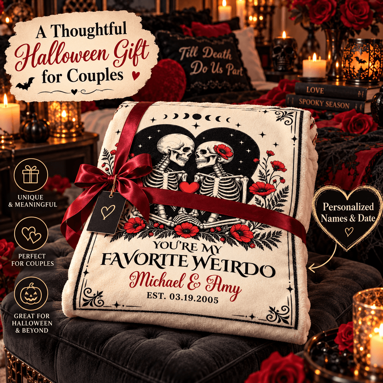 Personalized “You’re My Favorite Weirdo” Halloween Blanket Gift – Skeleton Couple Cozy Plush Fleece Blanket – 152 x 203 cm
