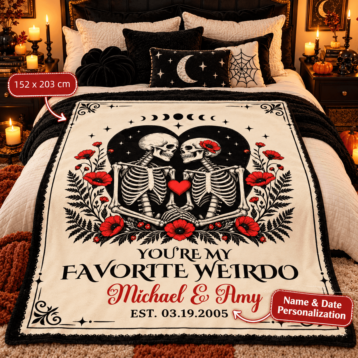 Personalized “You’re My Favorite Weirdo” Halloween Blanket Gift – Skeleton Couple Cozy Plush Fleece Blanket – 152 x 203 cm