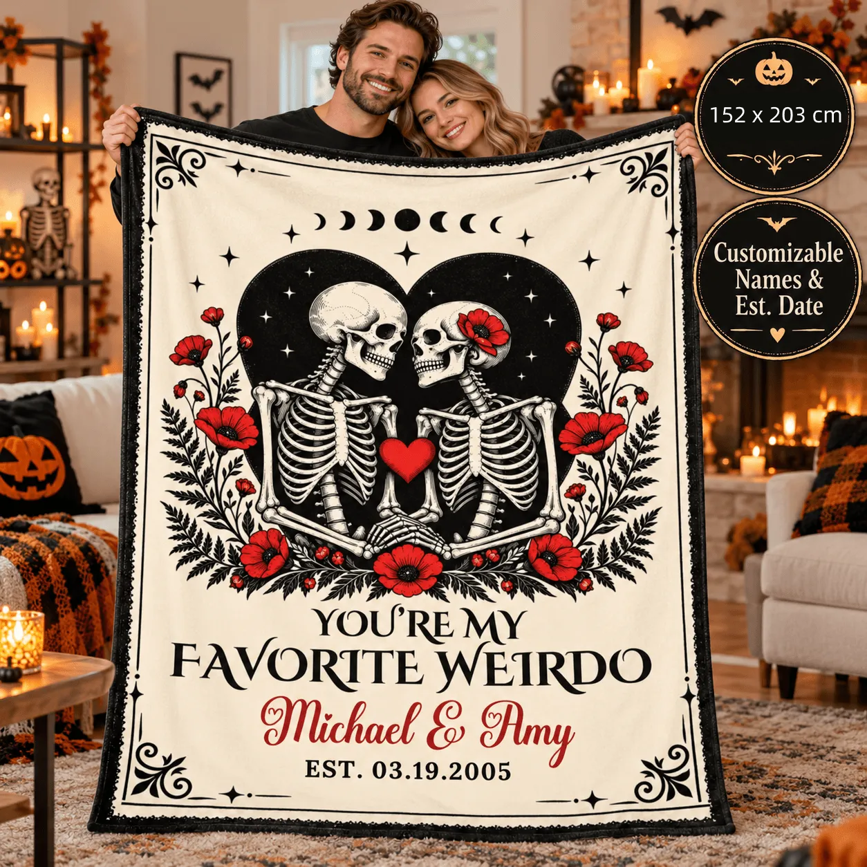 Personalized “You’re My Favorite Weirdo” Halloween Blanket Gift – Skeleton Couple Cozy Plush Fleece Blanket – 152 x 203 cm