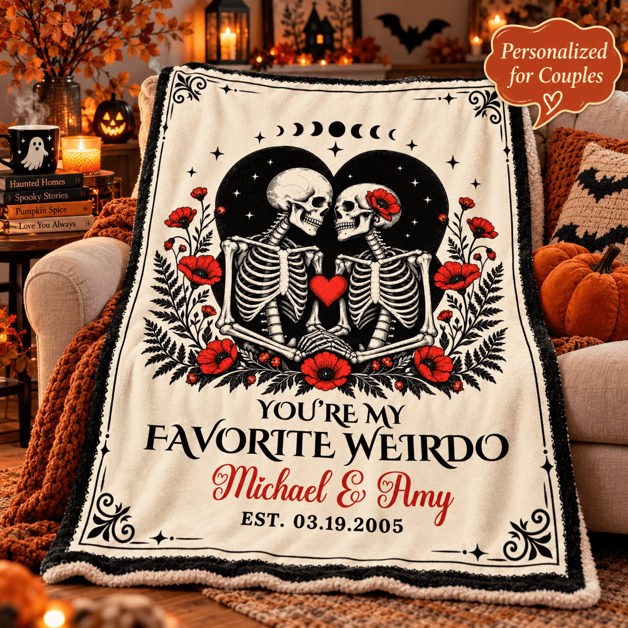 Personalized “You’re My Favorite Weirdo” Halloween Blanket Gift – Skeleton Couple Cozy Plush Fleece Blanket – 152 x 203 cm