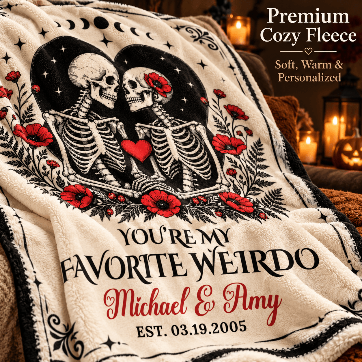 Personalized “You’re My Favorite Weirdo” Halloween Blanket Gift – Skeleton Couple Cozy Plush Fleece Blanket – 152 x 203 cm