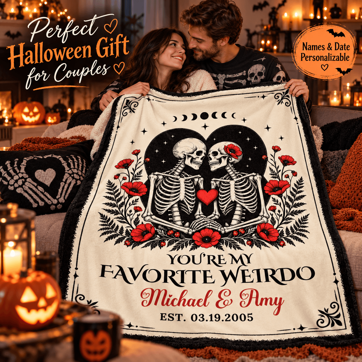 Personalized “You’re My Favorite Weirdo” Halloween Blanket Gift – Skeleton Couple Cozy Plush Fleece Blanket – 152 x 203 cm