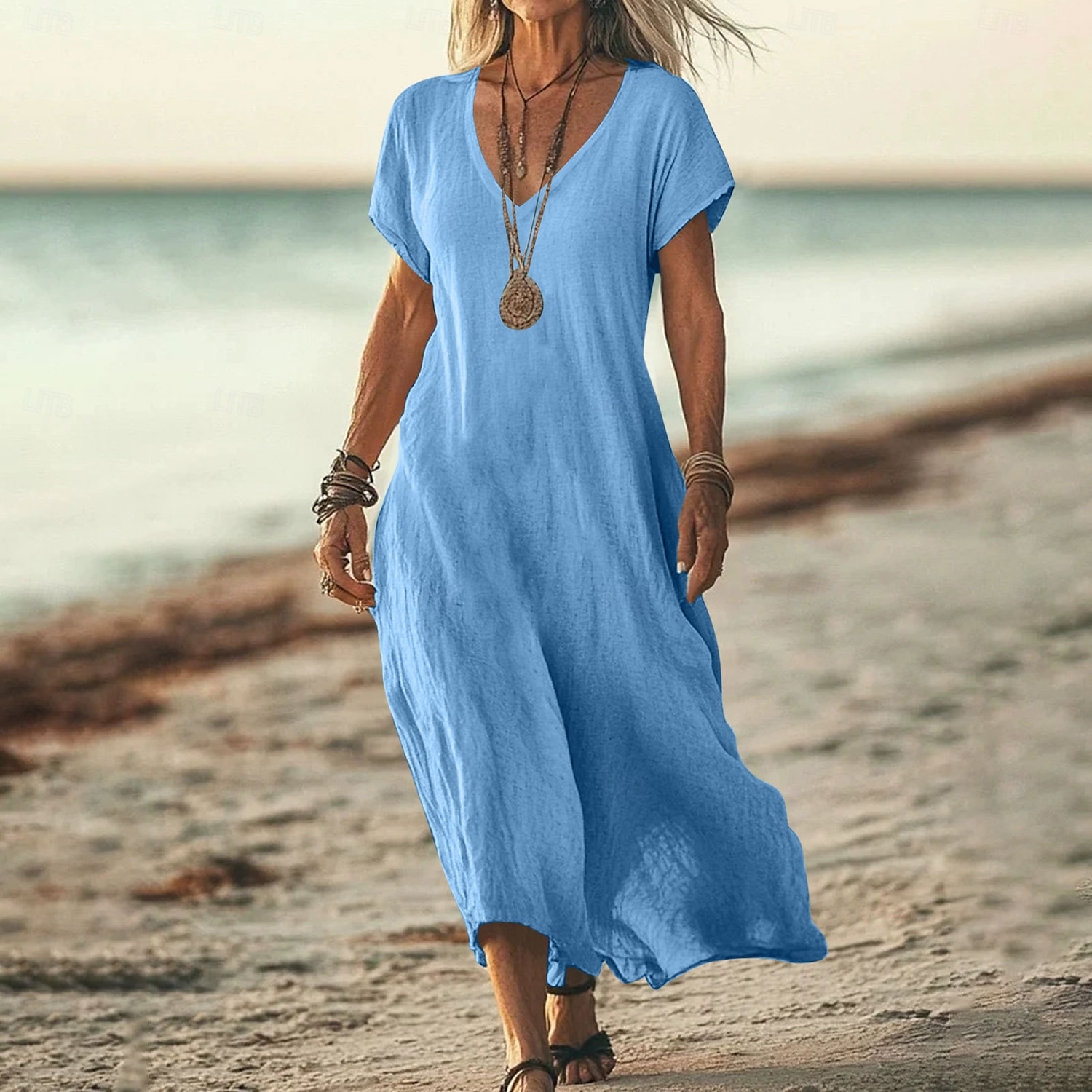 Women's Midi Dress Sundress Summer Dress Casual Daily Holiday Beach Regular Fit Linen Like Plain Short Sleeve V Neck White Pink Blue Green Summer 2026 - $26.99 –P3