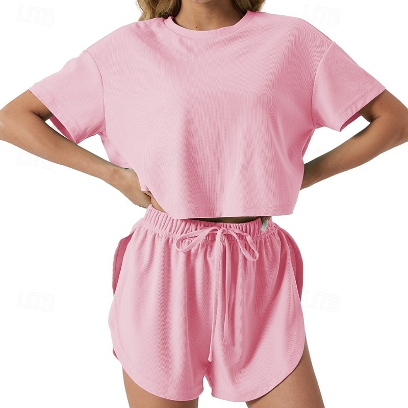 Women's Two Piece Sets Shorts Sets Short Sleeve Crew Neck Solid Color Fashion Streetwear Casual Daily Outdoor Light Green Pink Green Summer Regular Fit 2026 - $28.99 –P1