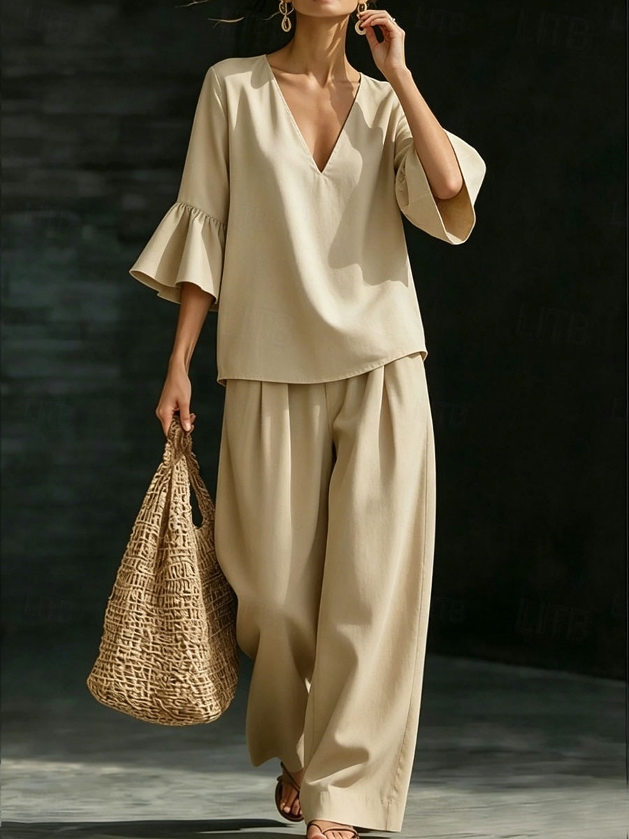 Women's Pants Sets Half Sleeve V Neck Solid Color Fashion Streetwear Casual Daily Outdoor Blue Khaki Spring & Summer Loose Fit 2026 - $41.99 –P3