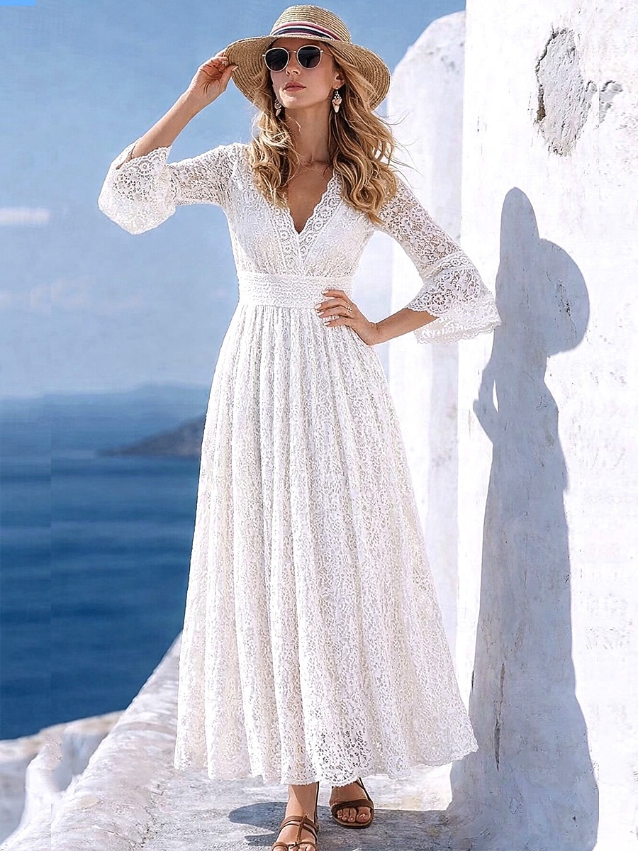 Women's Maxi Dress White Lace Dress A Line Dress Casual Outdoor Going out Standard Fit Solid Color Long Sleeve V Neck White Summer Spring Fall 2026 - $29.99 –P2