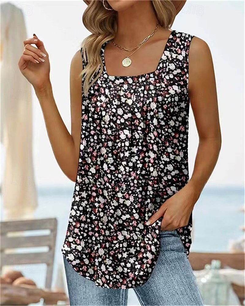 Women's Shirt T Shirt Patchwork Print Solid Color Floral Graphic Elegant Stylish Classic Sleeveless U Neck Regular Tops Daily Going out Weekend Black White Red Sky Blue Dusty Blue Summer Spring 2026 - $6.49 –P2
