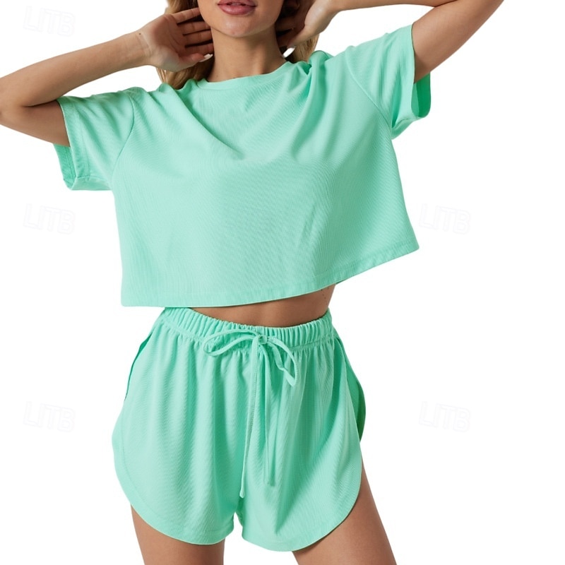 Women's Two Piece Sets Shorts Sets Short Sleeve Crew Neck Solid Color Fashion Streetwear Casual Daily Outdoor Light Green Pink Green Summer Regular Fit 2026 - $28.99 –P8