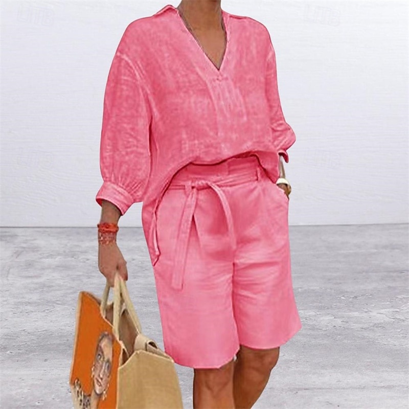Women's 100%cotton Shirt Cotton Linen Sets Two Piece Sets Beach Shorts Half Sleeve V Neck Solid Color Drawstring Fashion Streetwear Daily Wear Date Blue Dark Pink Khaki Summer Regular Fit 2026 - $29.99 –P3