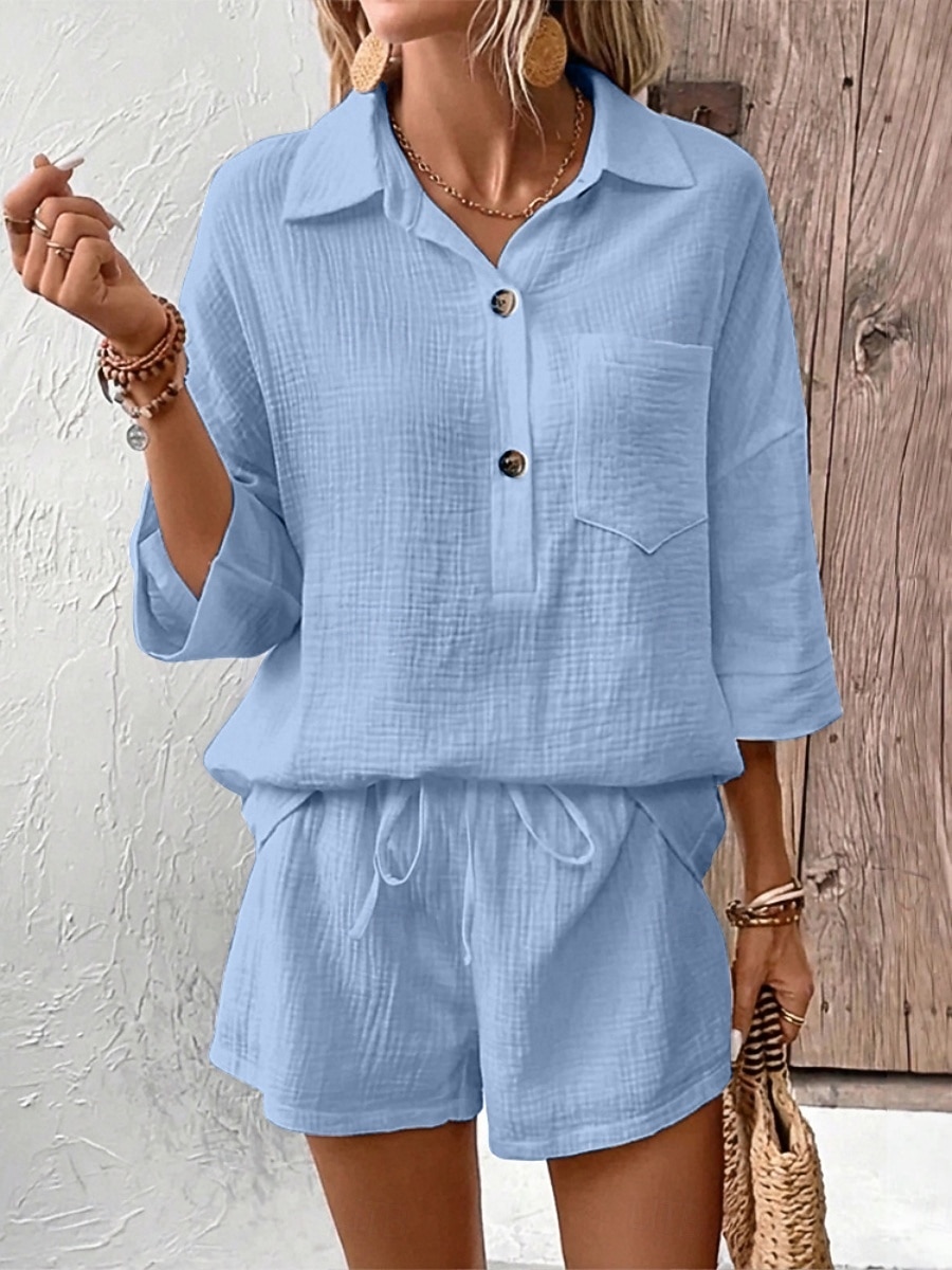 Women's Two Piece Sets Cotton Shirt Shorts Sets Long Sleeve Shirt Collar Plain Fashion Streetwear Casual Daily Outdoor Black White Navy Blue Summer Regular Fit 2026 - $31.99 –P7