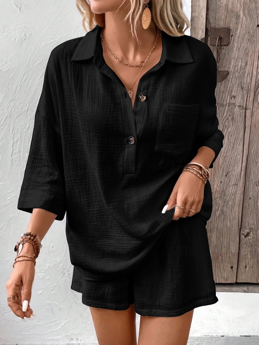 Women's Two Piece Sets Cotton Shirt Shorts Sets Long Sleeve Shirt Collar Plain Fashion Streetwear Casual Daily Outdoor Black White Navy Blue Summer Regular Fit 2026 - $31.99 –P14