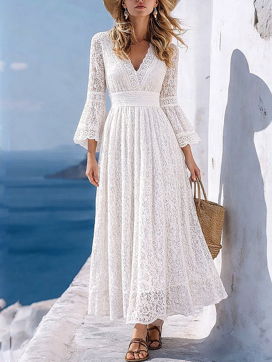 Women's Maxi Dress White Lace Dress A Line Dress Casual Outdoor Going out Standard Fit Solid Color Long Sleeve V Neck White Summer Spring Fall 2026 - $29.99 –P3