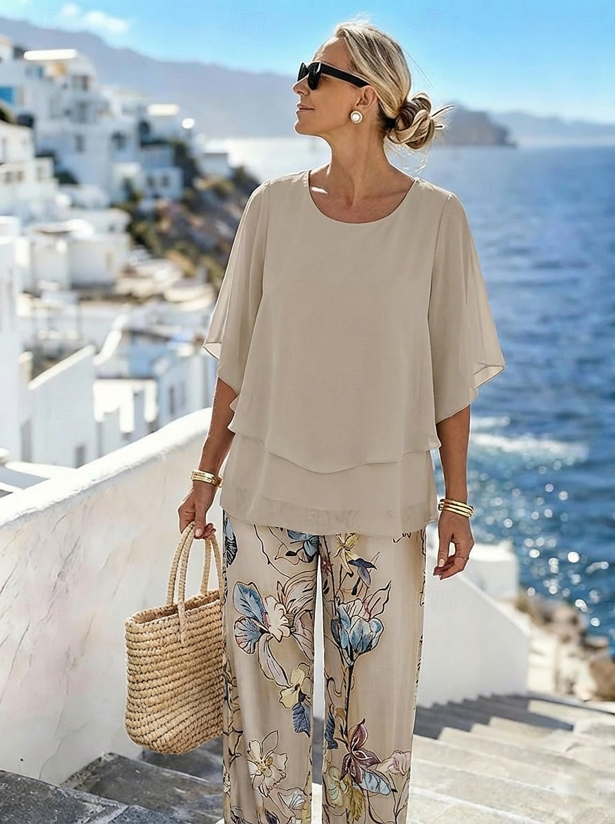 Women's 2 Pieces Fashion Streetwear Daily Pants Sets Half Sleeve Crew Neck Floral Graphic Vacation Casual Daily Pink Blue Sky Blue Summer Loose Fit 2026 - $43.99 –P2
