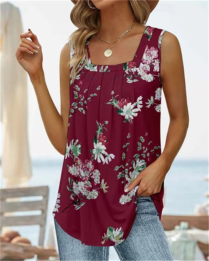 Women's Shirt T Shirt Patchwork Print Solid Color Floral Graphic Elegant Stylish Classic Sleeveless U Neck Regular Tops Daily Going out Weekend Black White Red Sky Blue Dusty Blue Summer Spring 2026 - $6.49 –P6