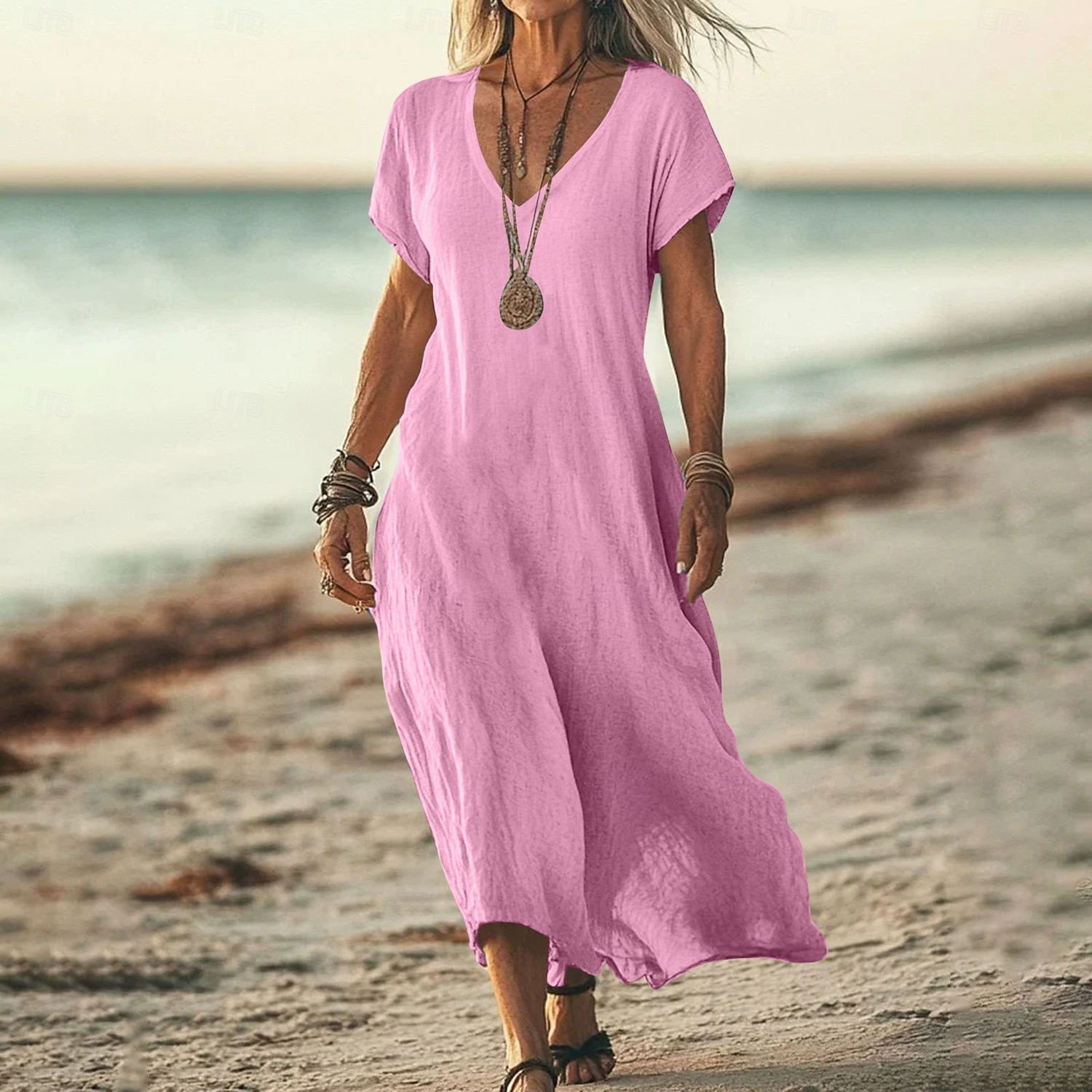Women's Midi Dress Sundress Summer Dress Casual Daily Holiday Beach Regular Fit Linen Like Plain Short Sleeve V Neck White Pink Blue Green Summer 2026 - $26.99 –P1
