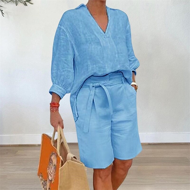 Women's 100%cotton Shirt Cotton Linen Sets Two Piece Sets Beach Shorts Half Sleeve V Neck Solid Color Drawstring Fashion Streetwear Daily Wear Date Blue Dark Pink Khaki Summer Regular Fit 2026 - $29.99 –P1