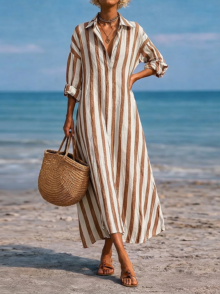 Women's Maxi long Dress Faux Cotton Linen Dress Shirt Dress Casual Dress Fashion Modern Daily Vacation Going out Loose Fit Striped Long Sleeve V Neck Blue Black Pink Red Spring Fall 2026 - $29.99 –P7
