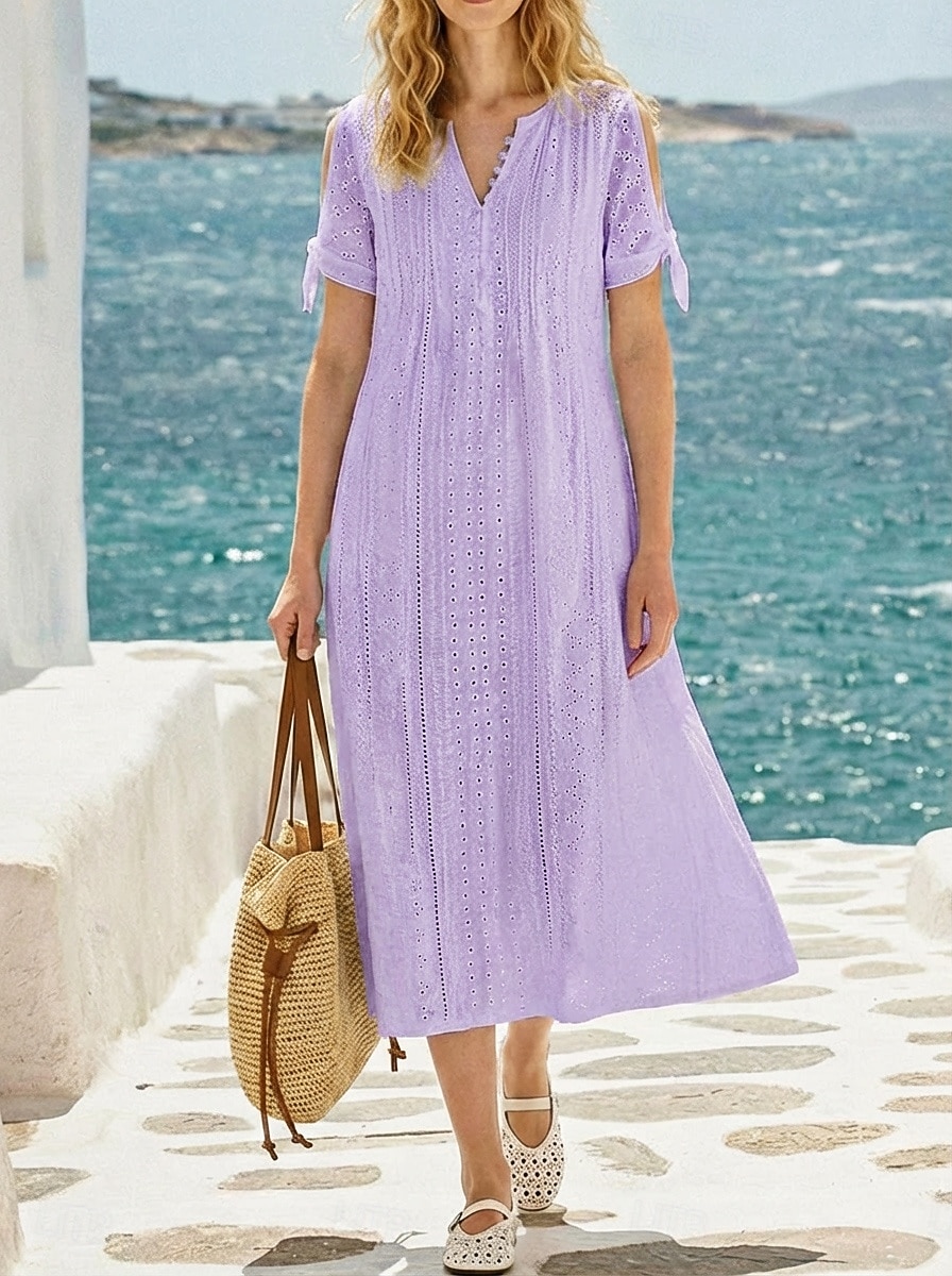 Women's Midi Dress White Dress Eyelet Dress Fashion Modern Beach Vacation Holiday Regular Fit Floral Short Sleeve V Neck Blue Black White Light Green Summer Spring 2026 - $22.99 –P6