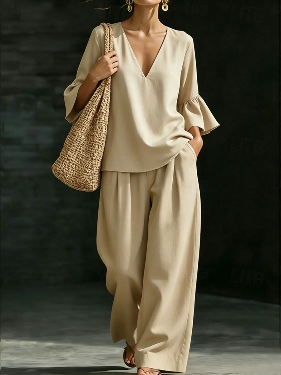 Women's Pants Sets Half Sleeve V Neck Solid Color Fashion Streetwear Casual Daily Outdoor Blue Khaki Spring & Summer Loose Fit 2026 - $41.99 –P1