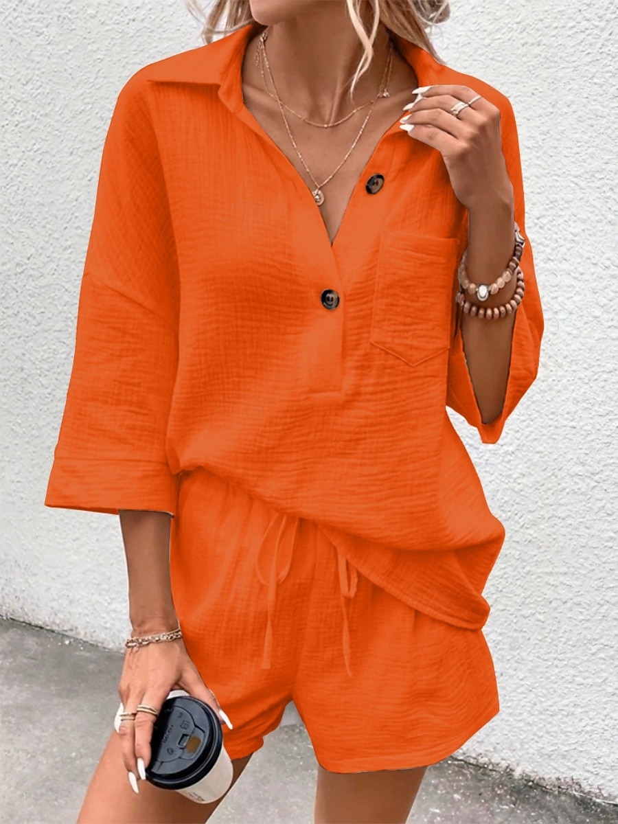 Women's Two Piece Sets Cotton Shirt Shorts Sets Long Sleeve Shirt Collar Plain Fashion Streetwear Casual Daily Outdoor Black White Navy Blue Summer Regular Fit 2026 - $31.99 –P11