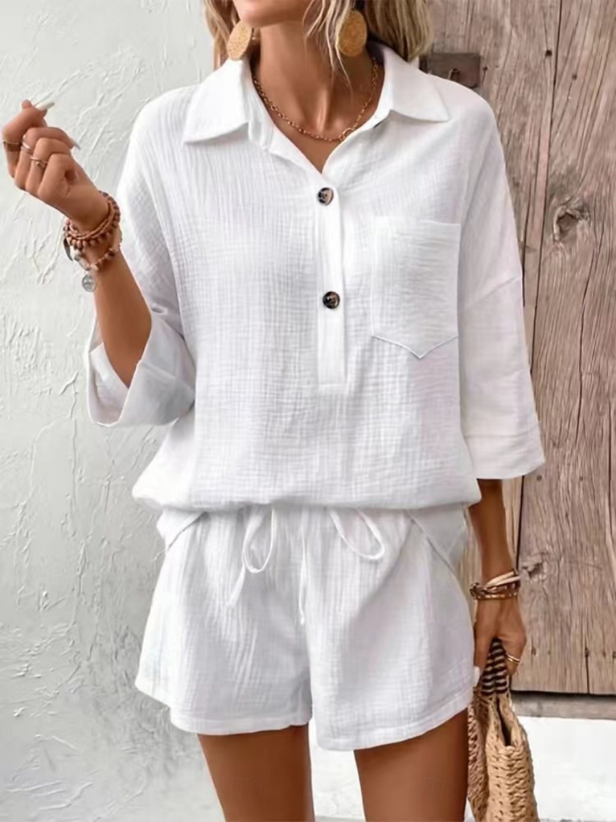 Women's Two Piece Sets Cotton Shirt Shorts Sets Long Sleeve Shirt Collar Plain Fashion Streetwear Casual Daily Outdoor Black White Navy Blue Summer Regular Fit 2026 - $31.99 –P1