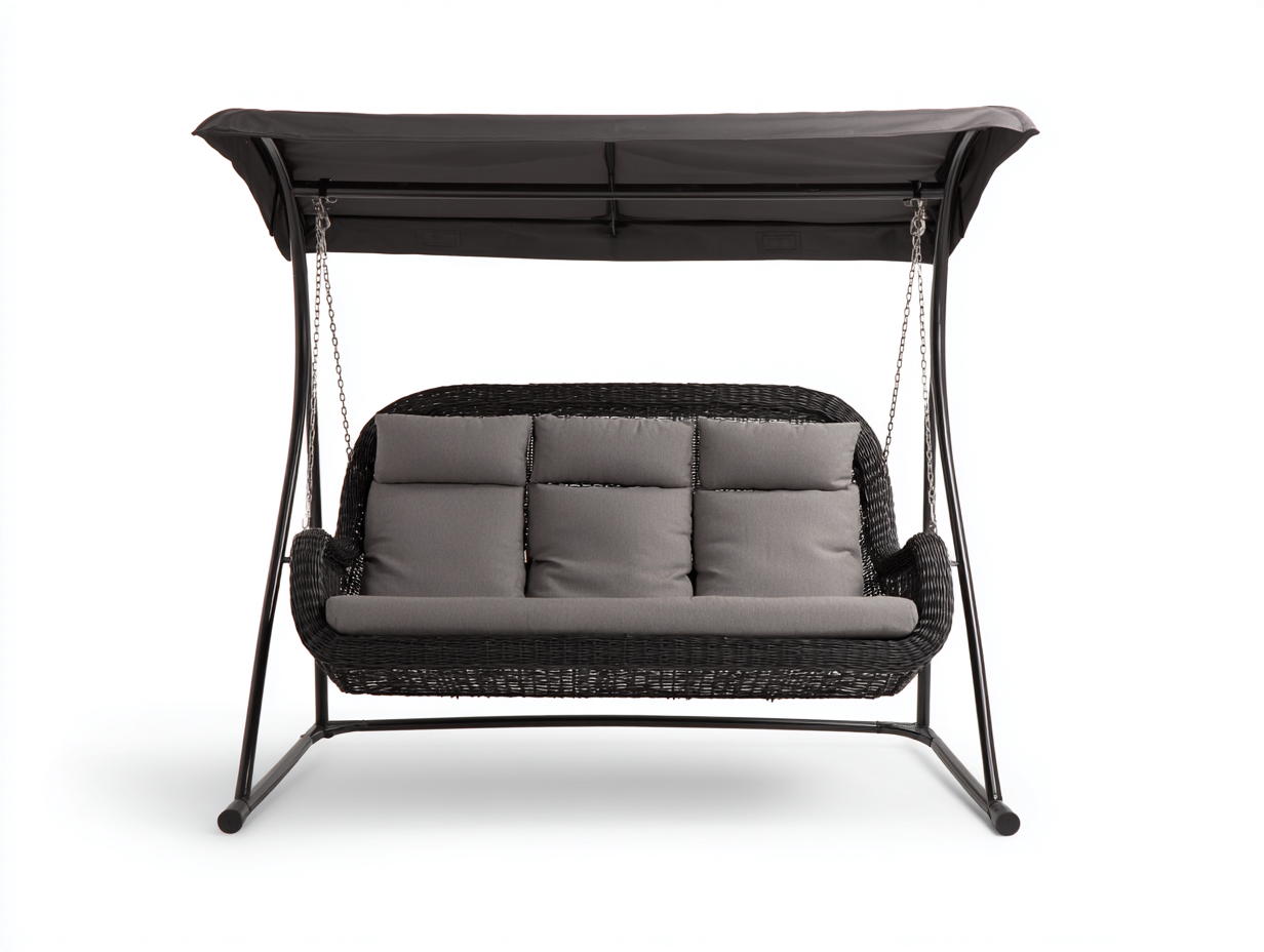 Gartenschaukel 3 Sitzer Polyrattan Metallgestell mit Sonnendach 210x125x178 cm - Grau - Komfortdesign für Garten und Terrasse-Dengohub