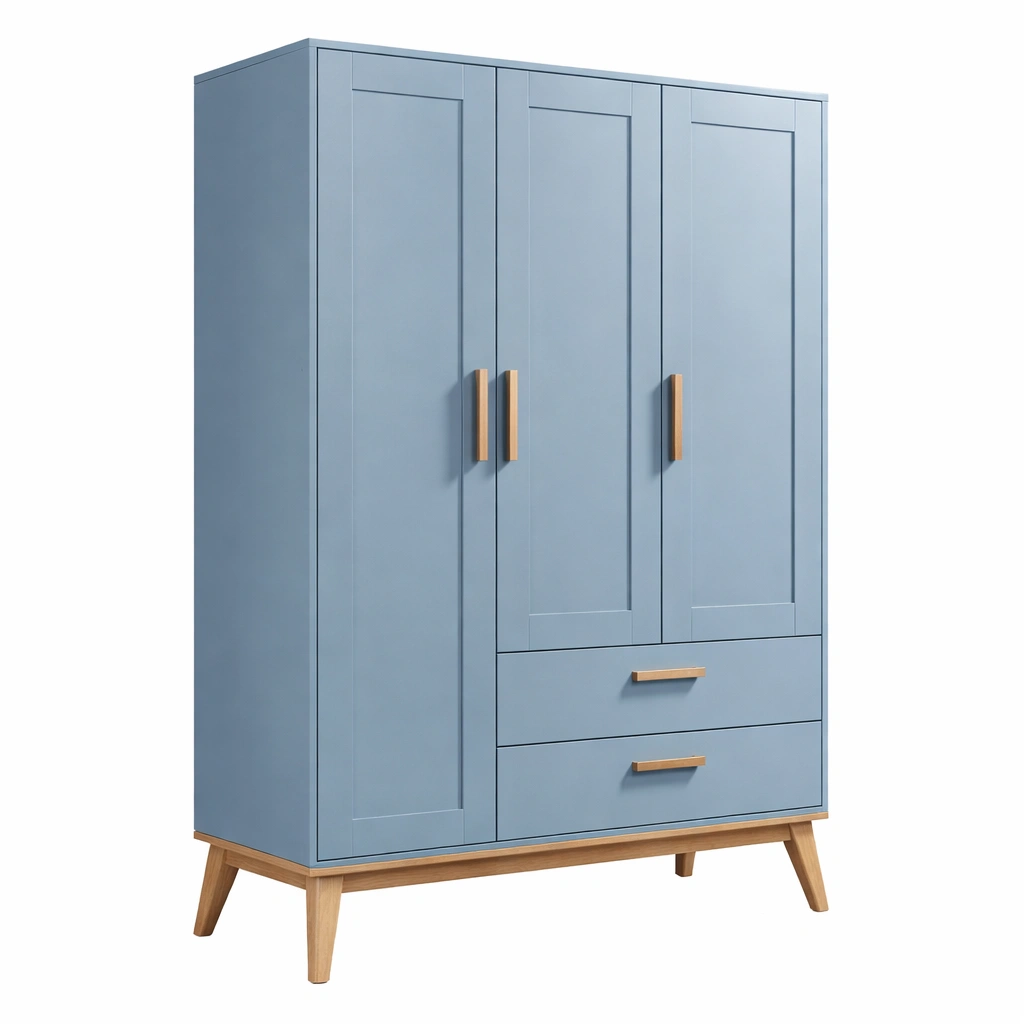 Armoire Chambre Bois Bleu Trois Portes Tiroirs-Arvirox