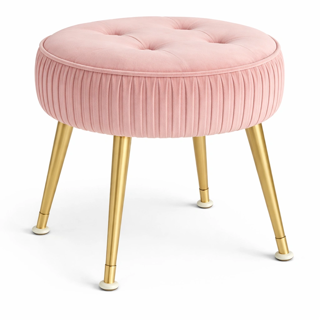 Tabouret Rond Velours Rose Pieds Mtal Or-Arvirox