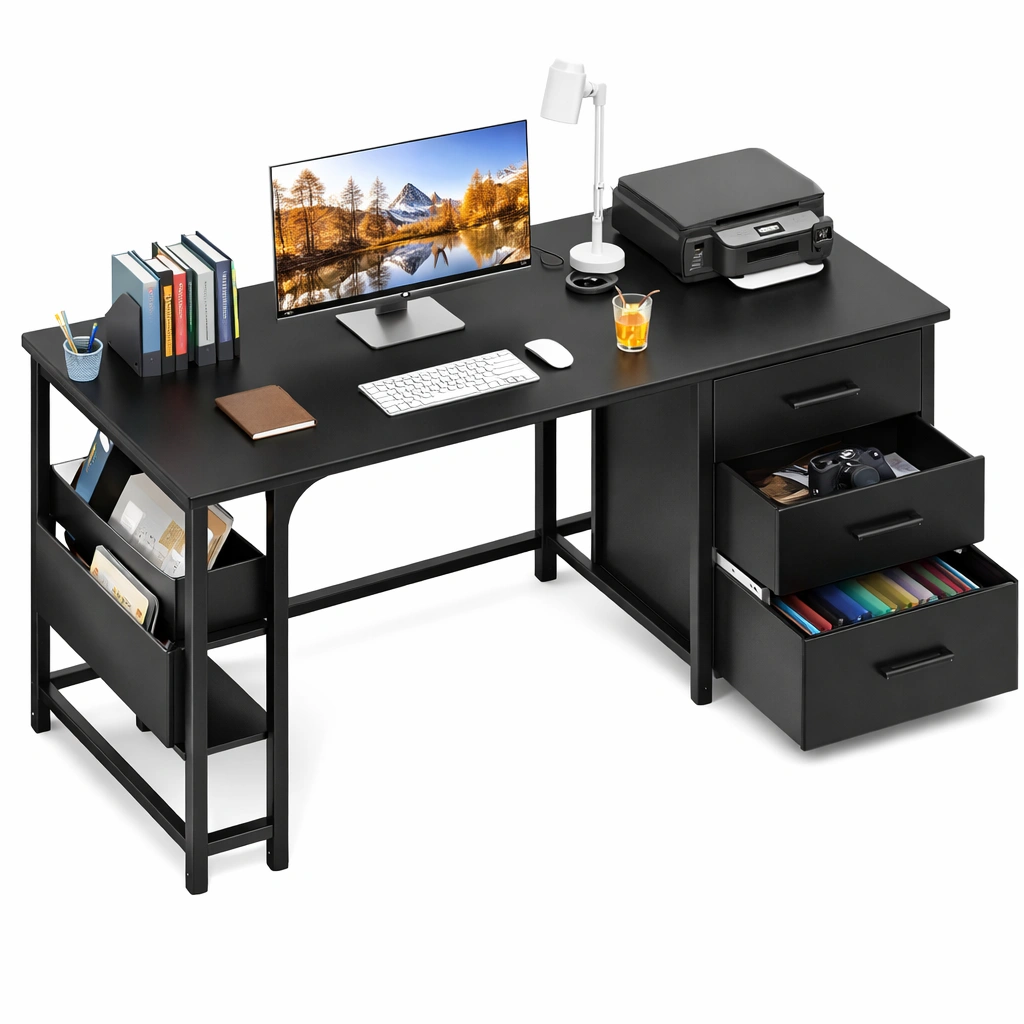 Bureau Informatique Noir Tiroirs Rangement-Arvirox