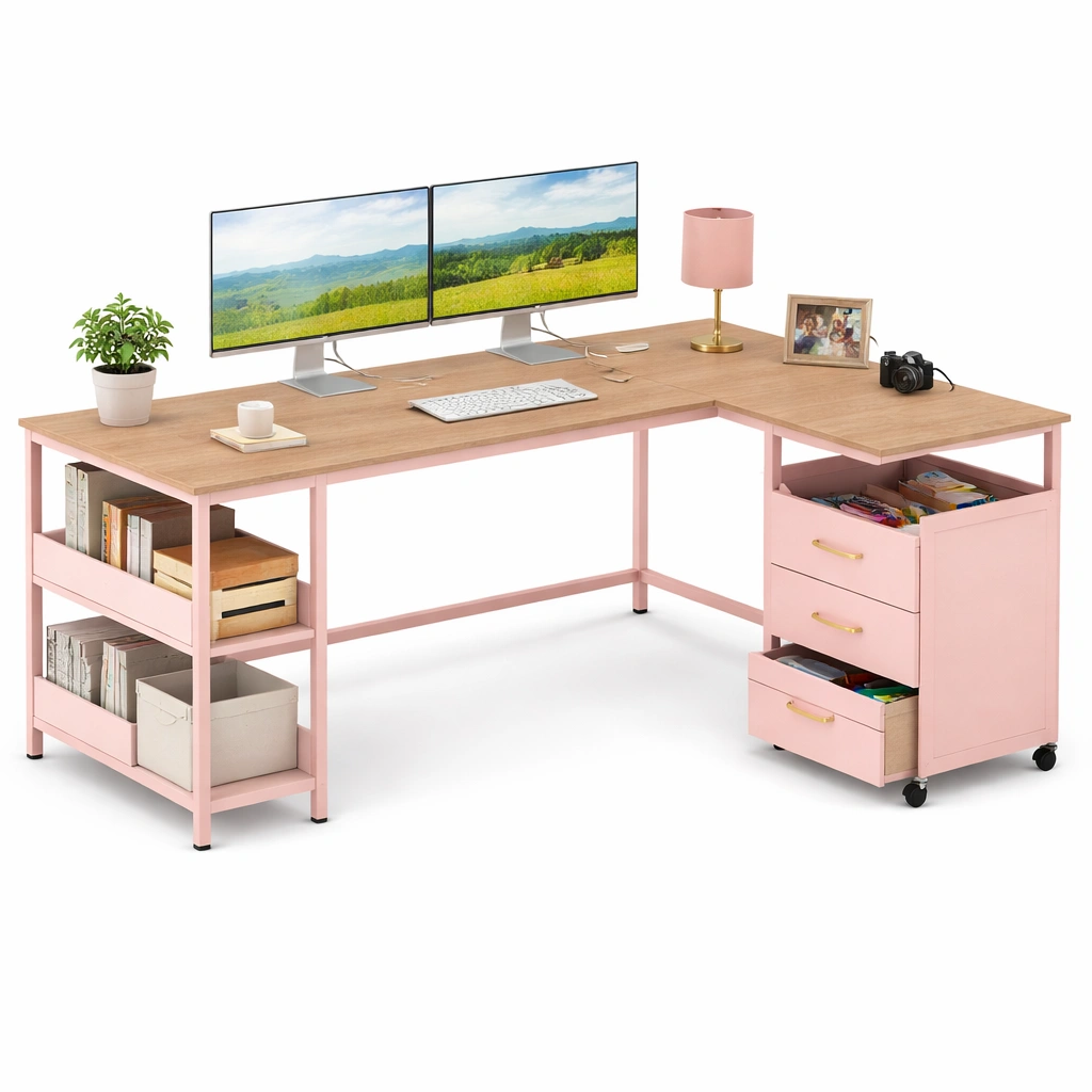 Bureau dAngle Rose Rangement Tiroirs-Arvirox