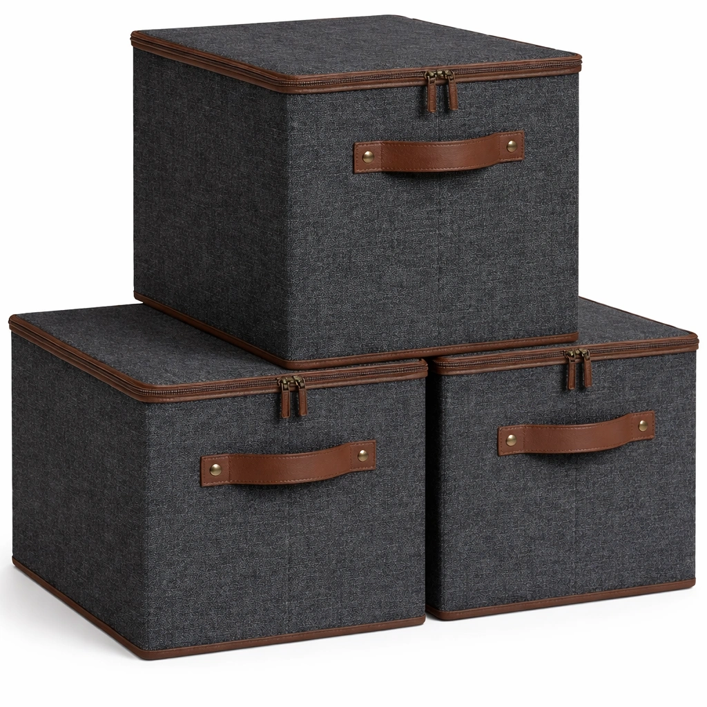 Bo?te de Rangement Tissu Gris Poigne Cuir-Arvirox