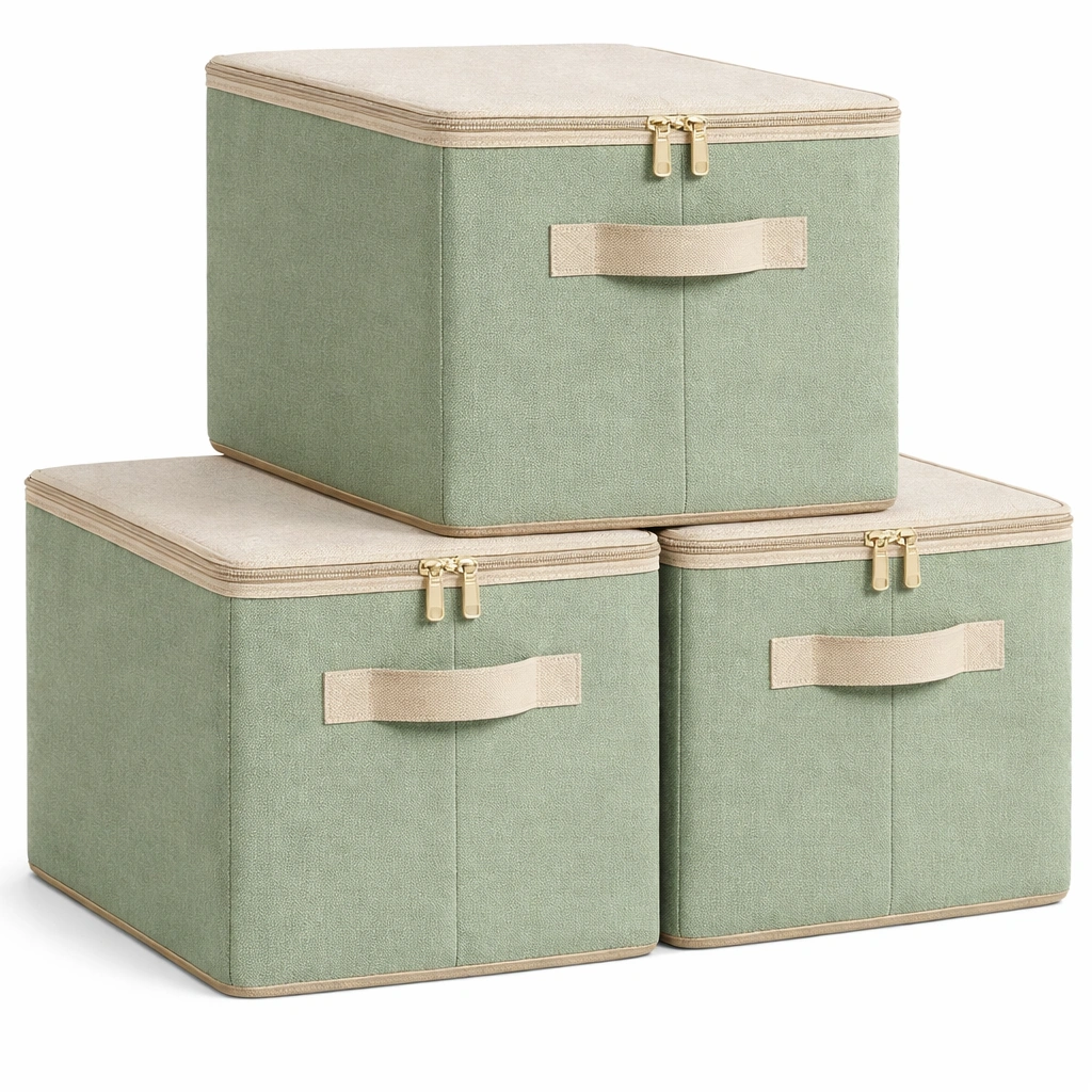 Bo?te de Rangement Tissu Vert Couvercle Zip-Arvirox