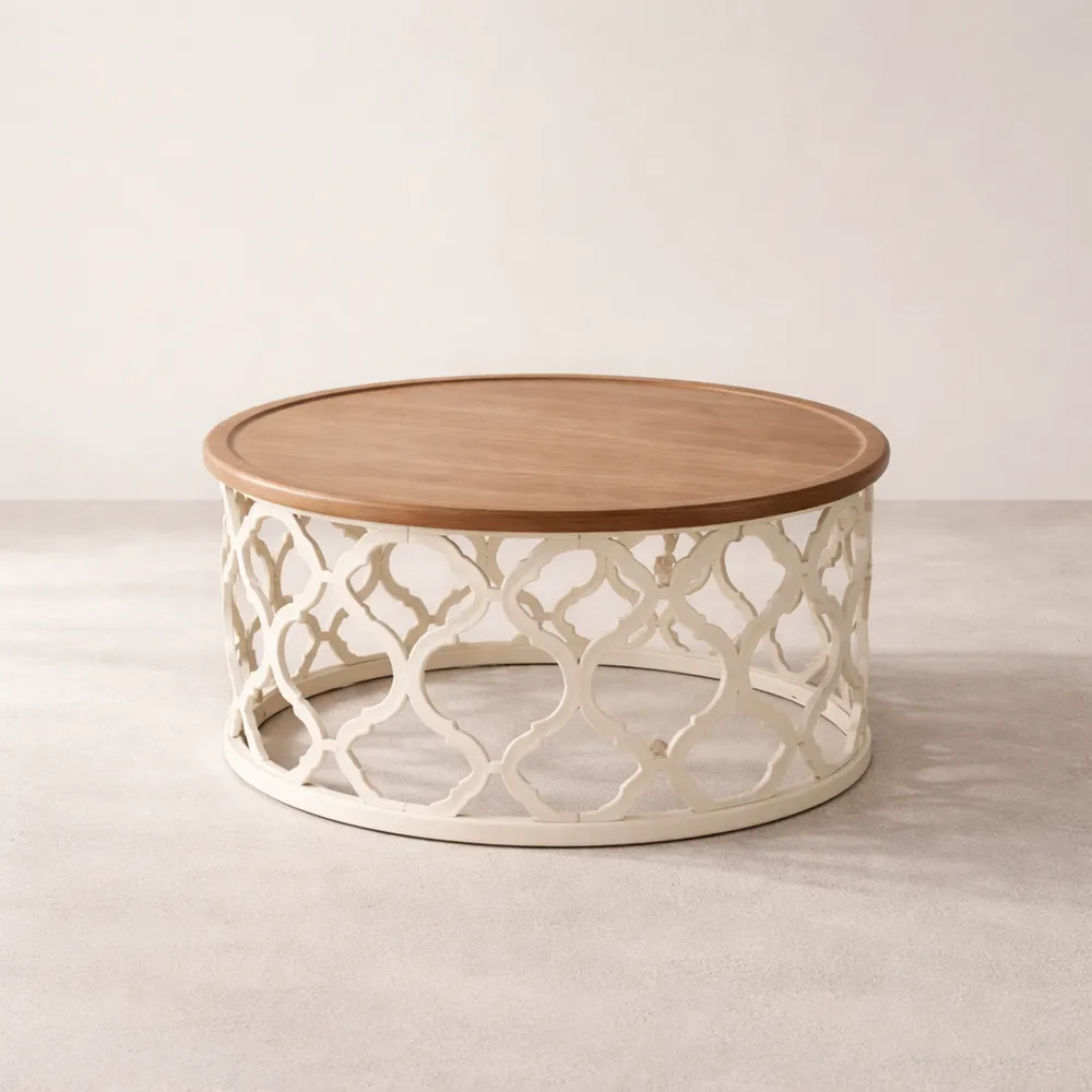 Table Basse Ronde Moderne avec Pieds Sculptés et Bords Surélevés pour Salon