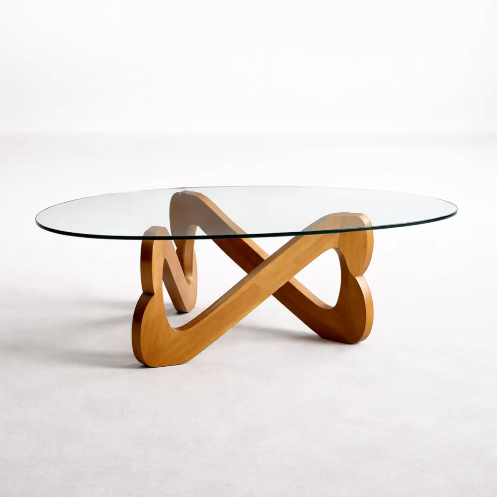 Table basse triangulaire en verre trempé avec base en bois massif