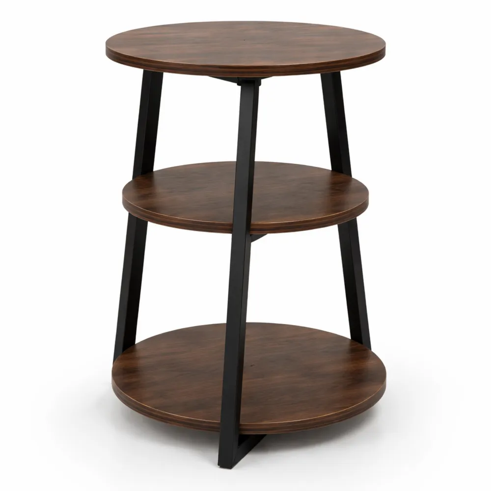 Table d'appoint ronde à 3 niveaux avec étagères en bois et cadre en métal