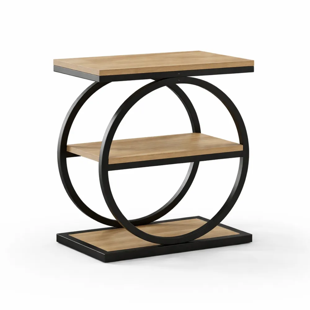Table d'appoint industrielle à trois niveaux en bois et métal