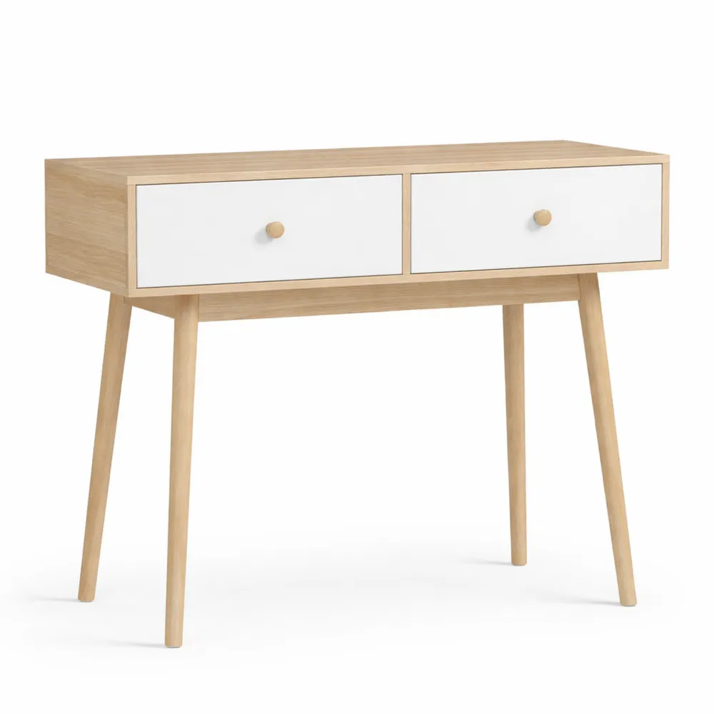 Table console moderne avec 2 tiroirs et pieds en bois, pour salon et couloir, chêne et blanc