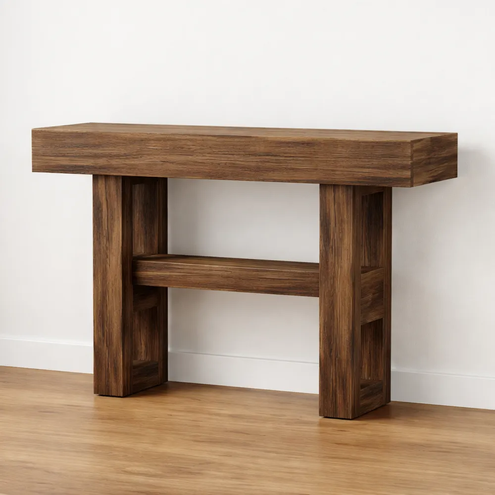 Console étroite à 2 niveaux avec rangement pour entrée, couloir, salon, marron rustique