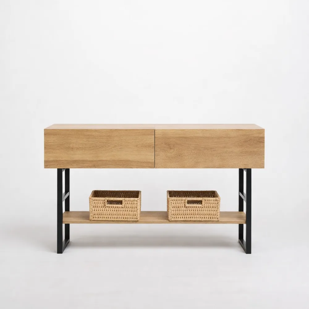 Console Rectangulaire Industrielle avec Tiroirs et Plateau en Métal, Effet Chêne