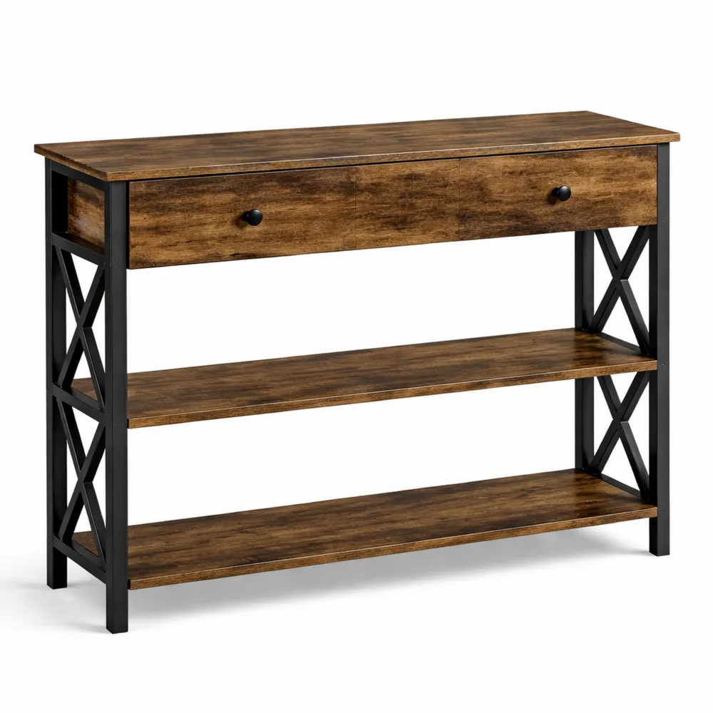 Table d'entrée rustique à 3 niveaux avec tiroir et étagères