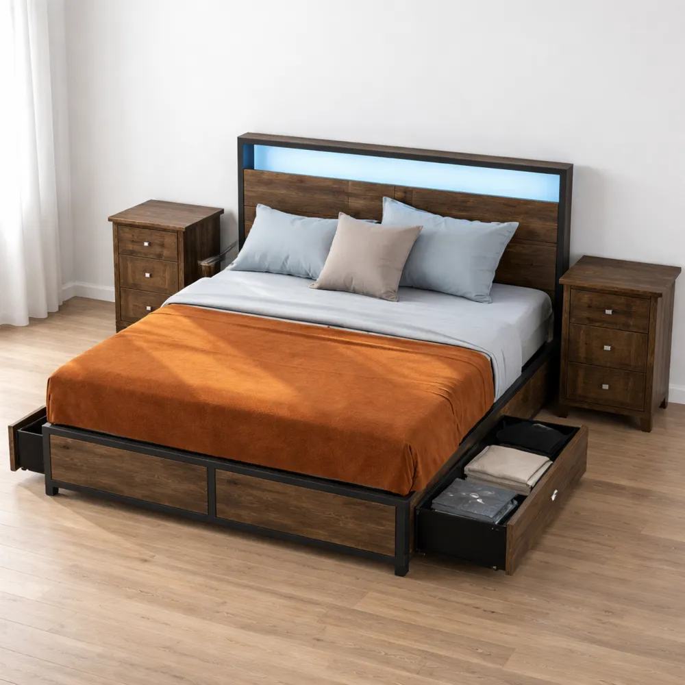 Lit Double 140x200cm avec LED et Tiroirs, Station de Charge Type C, Contrôle APP et Voix, Capacité 300KG