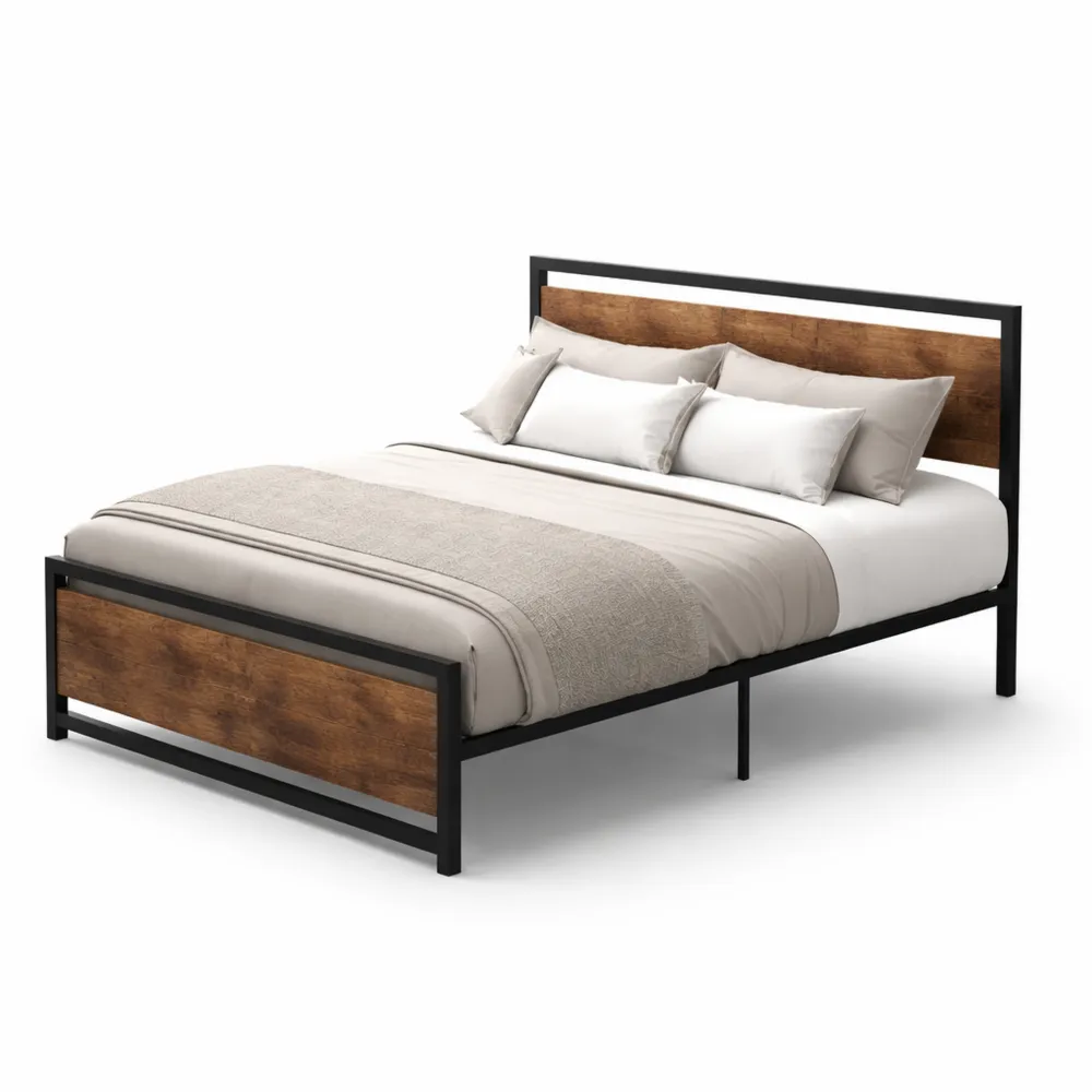 Cadre de lit en acier avec sommier et tête de lit effet bois 140 x 190 cm