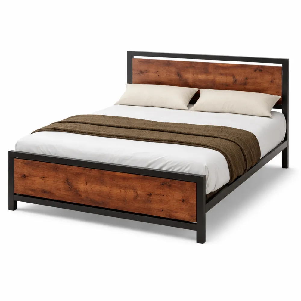 Lit double en acier avec sommier et tête de lit, compatible matelas 140x190 cm, finition brun rustique