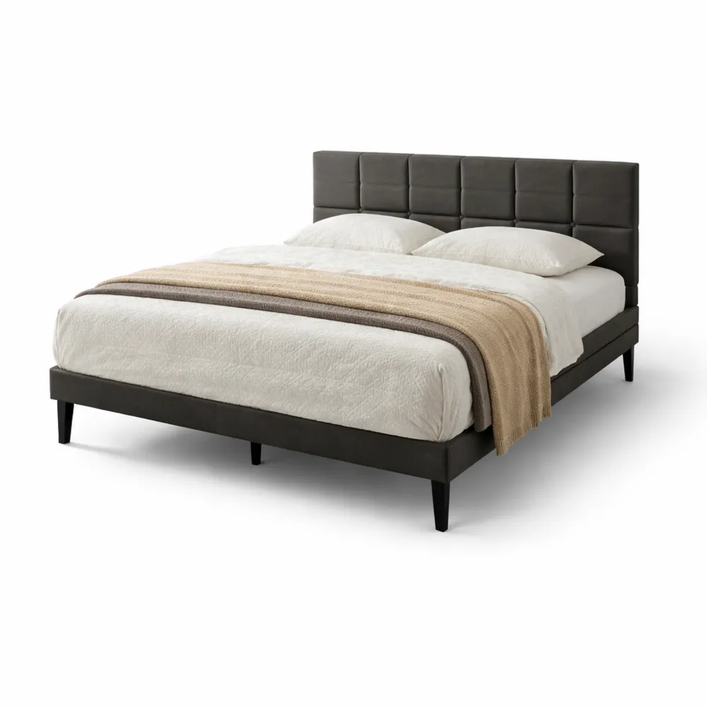 Lit double rembourré avec lattes en bois et tête réglable