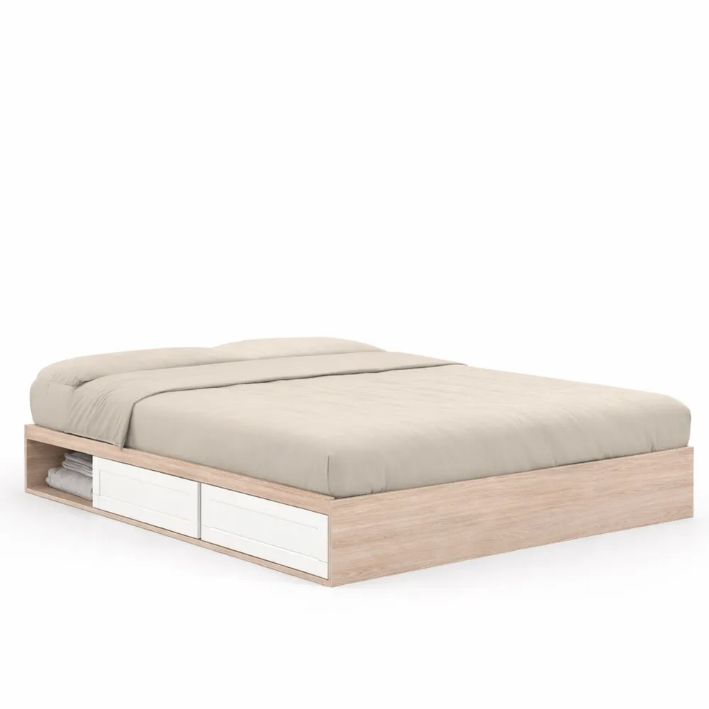 Lit double avec rangements et sommier 140 x 190 cm bois et blanc