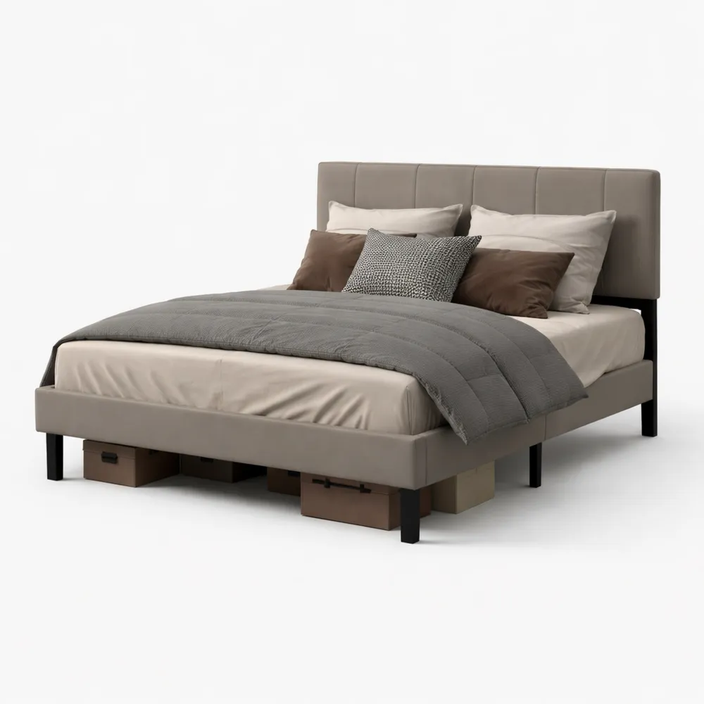 Lit double en métal avec tête ajustable et rangement, 140 x 190 cm